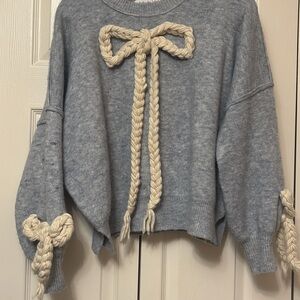 Cozy Blue Sweater with Cream Bow Detail